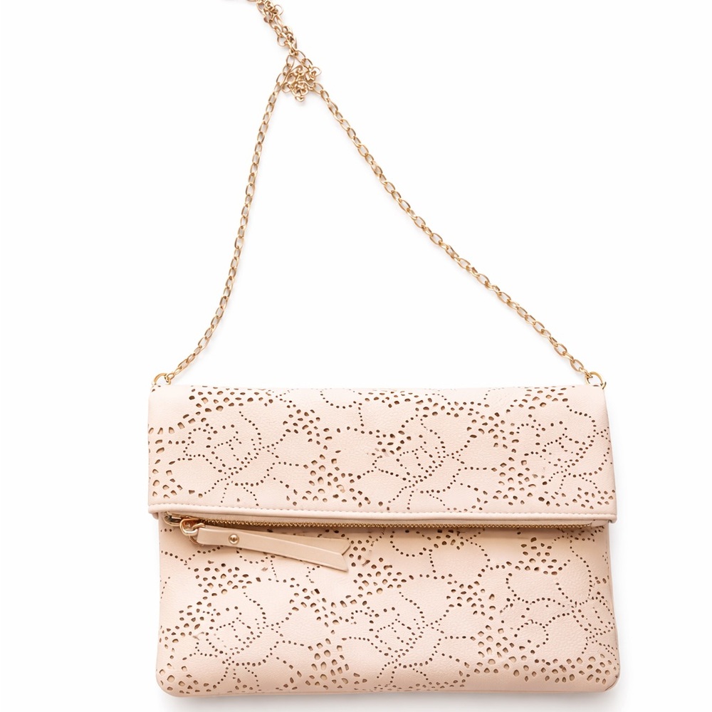 Urban Expressions Beige Laser-Cut Leather Clutch with Gold Chain